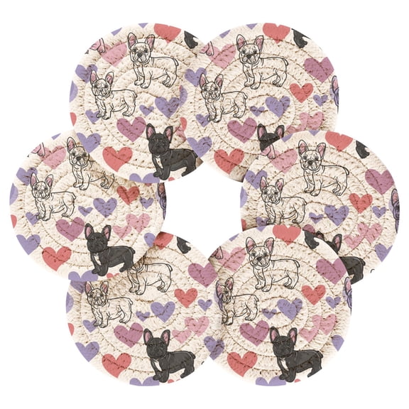 6PCs Round Coasters Set Heat Resistant Washable Kitchen Table Decorations with Storage Rack Cute Frenchie Heart Background