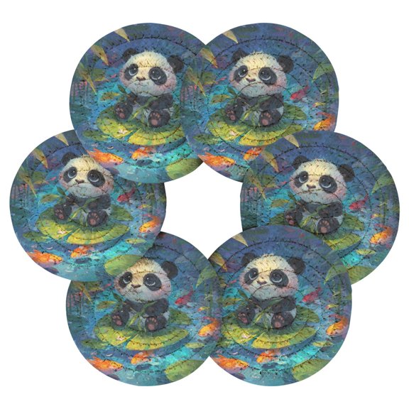 6PCs Round Coasters Set Heat Resistant Washable Kitchen Table Decorations with Storage Rack Cute Panda Baby Pattern