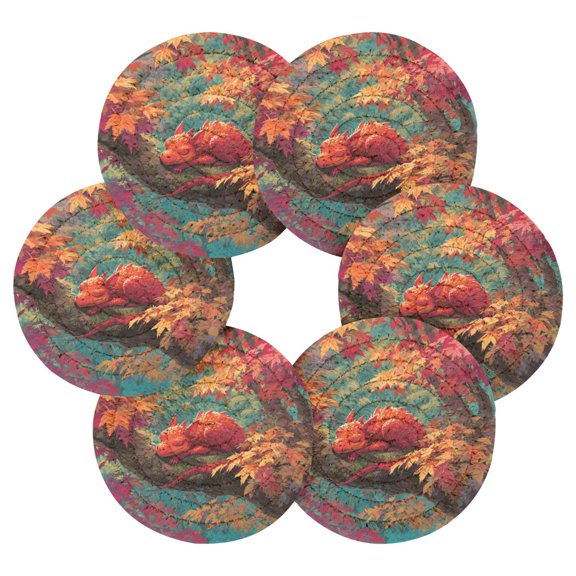 6PCs Round Coasters Set Heat Resistant Washable Kitchen Table Decorations with Storage Rack Cute Red Dragon at Rest