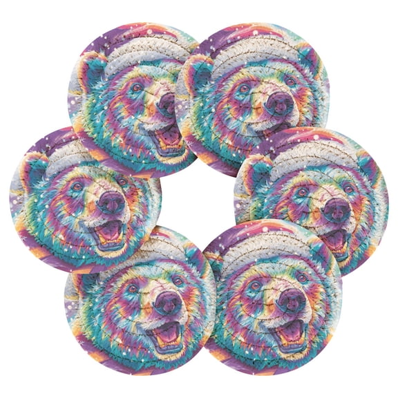 6PCs Round Coasters Set Heat Resistant Washable Kitchen Table Decorations with Storage Rack Cute Smiling Polar Bear