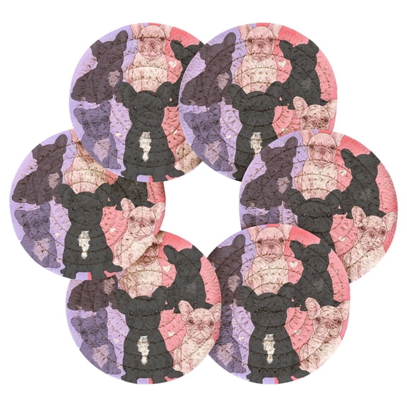 6PCs Round Coasters Set Heat Resistant Washable Kitchen Table Decorations with Storage Rack Frenchie Squad Love Hearts