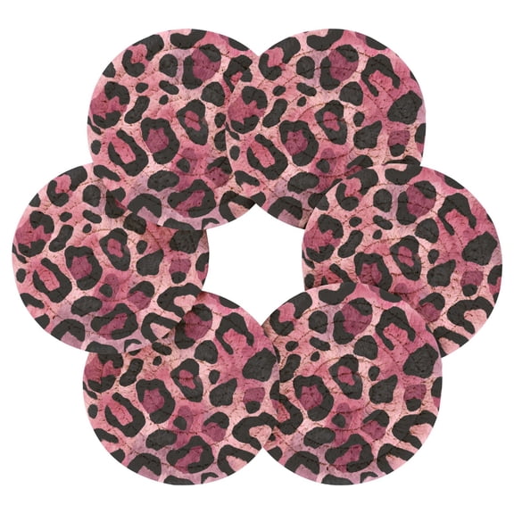 6PCs Round Coasters Set Heat Resistant Washable Kitchen Table Decorations with Storage Rack Fuchsia Pink Fur Leopard Print