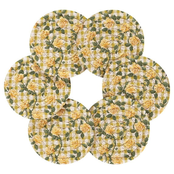 6PCs Round Coasters Set Heat Resistant Washable Kitchen Table Decorations with Storage Rack Gingham Pattern Yellow Roses