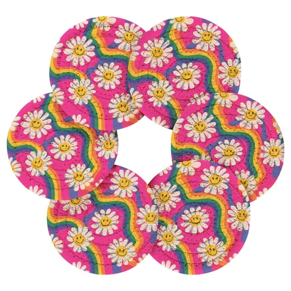 6PCs Round Coasters Set Heat Resistant Washable Kitchen Table Decorations with Storage Rack Groovy Daisies with Smiley Faces