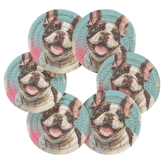 6PCs Round Coasters Set Heat Resistant Washable Kitchen Table Decorations with Storage Rack Happy Frenchie Pop Portrait
