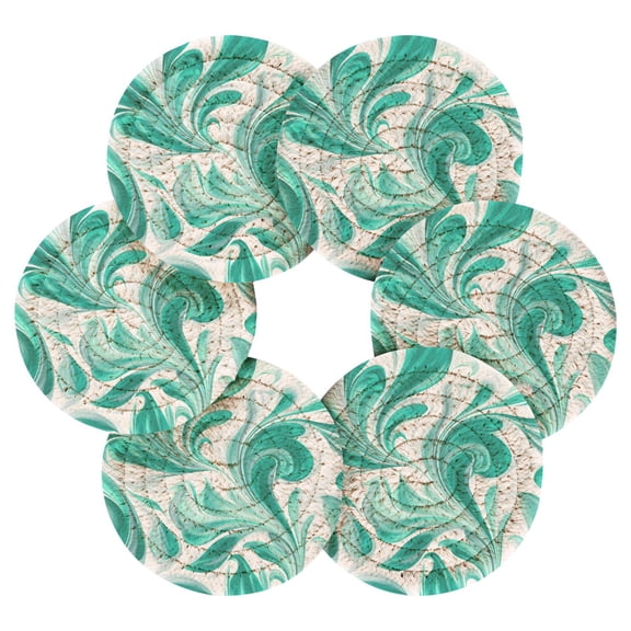 6PCs Round Coasters Set Heat Resistant Washable Kitchen Table Decorations with Storage Rack Jade Green Marble Pattern