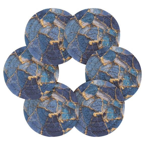 6PCs Round Coasters Set Heat Resistant Washable Kitchen Table Decorations with Storage Rack Kintsugi Waves Of Sapphire