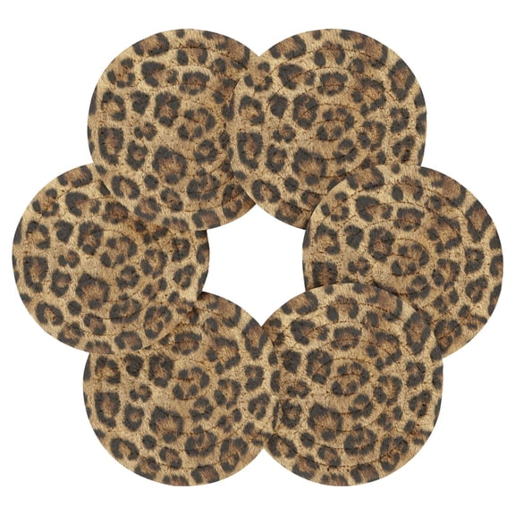 6PCs Round Coasters Set Heat Resistant Washable Kitchen Table Decorations with Storage Rack Natural Leopard Print
