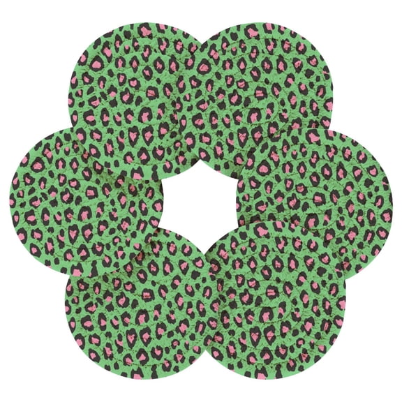 6PCs Round Coasters Set Heat Resistant Washable Kitchen Table Decorations with Storage Rack Powder Green Retro Leopard Print