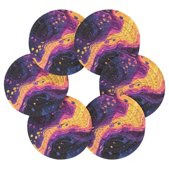 6PCs Round Coasters Set Heat Resistant Washable Kitchen Table Decorations with Storage Rack Psychedelic Colors Pattern