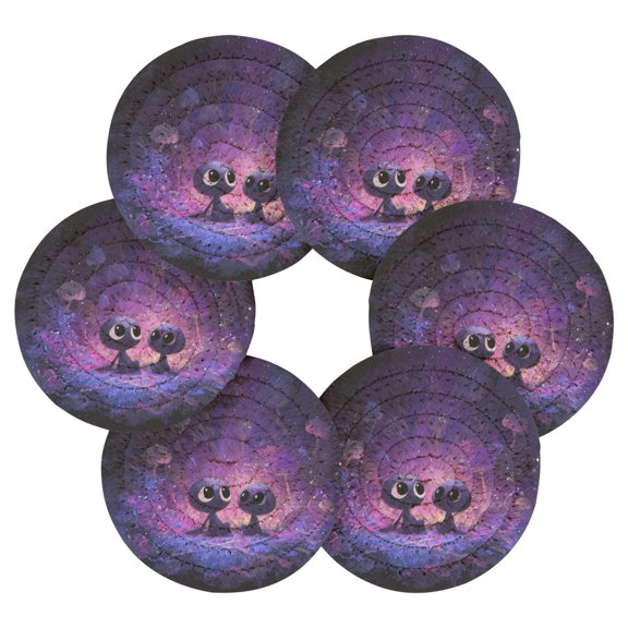6PCs Round Coasters Set Heat Resistant Washable Kitchen Table Decorations with Storage Rack Purple Alien