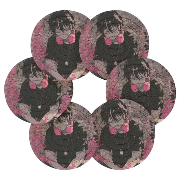 6PCs Round Coasters Set Heat Resistant Washable Kitchen Table Decorations with Storage Rack Sad Anime Boy