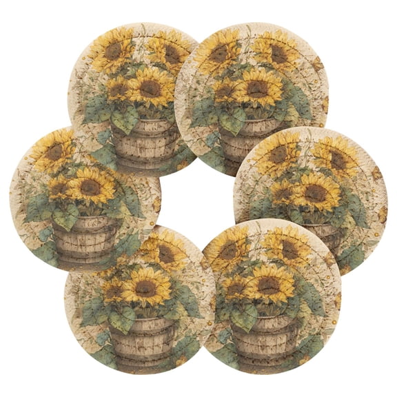 6PCs Round Coasters Set Heat Resistant Washable Kitchen Table Decorations with Storage Rack Sunflowers in An Old Bucket