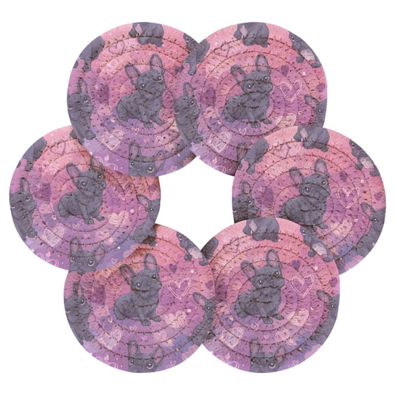 6PCs Round Coasters Set Heat Resistant Washable Kitchen Table Decorations with Storage Rack Sweet Frenchie Pink Hearts