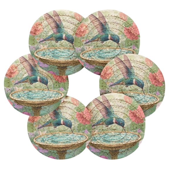 6PCs Round Coasters Set Heat Resistant Washable Kitchen Table Decorations with Storage Rack The Graceful Hummingbird