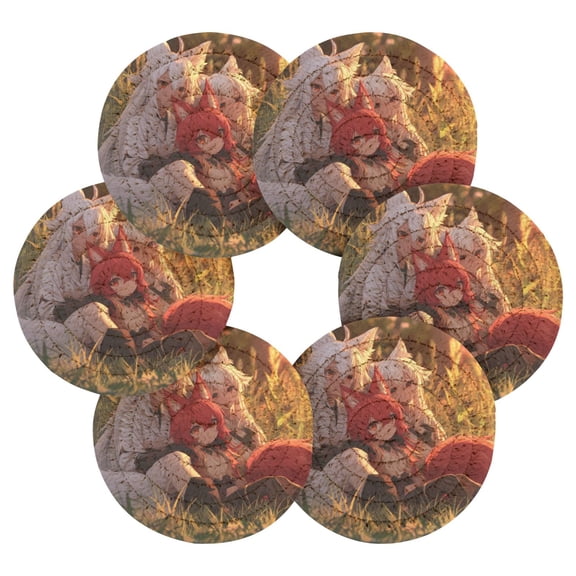 6PCs Round Coasters Set Heat Resistant Washable Kitchen Table Decorations with Storage Rack Three Anime Foxes
