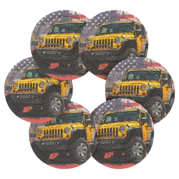 6PCs Round Coasters Set Heat Resistant Washable Kitchen Table Decorations with Storage Rack Yellow Jeep Car Pattern