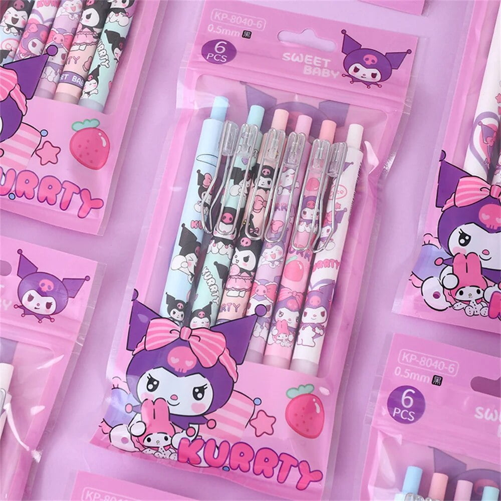 6PCs anime Sanrio gel pens Kuromi neutral pen 0.5mm black with metal ...