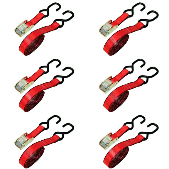 6PK 1in x 15ft Cam Buckle Tie Down Straps 1200 lbs Break Strength 400LBS WLL Red