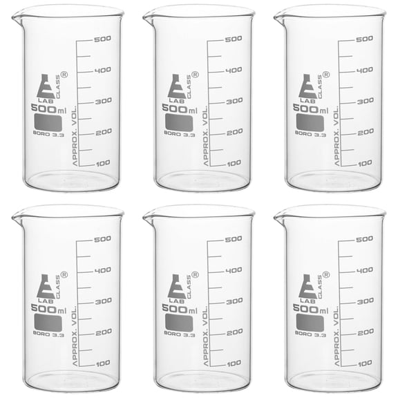 6PK Beakers, 500ml - Tall Form with Spout - White, 50ml Graduations - Borosilicate 3.3 Glass - Eisco Labs