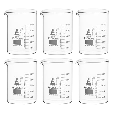 6PK Beakers, 600ml - Low Form with Spout - White, 50ml Graduations - Borosilicate 3.3 Glass - Eisco Labs