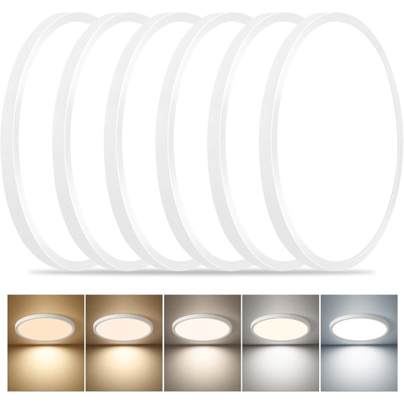 6PK Dimmable 12 Inch LED Flush Mount Ceiling Light, 24W, 2520LM, 2700K/3000K/4000K/5000K/6000K CCT Selectable, White Round Flat Panel Light Low Profile Ceiling Lamp for Bedroom/Kitchen/Living Room