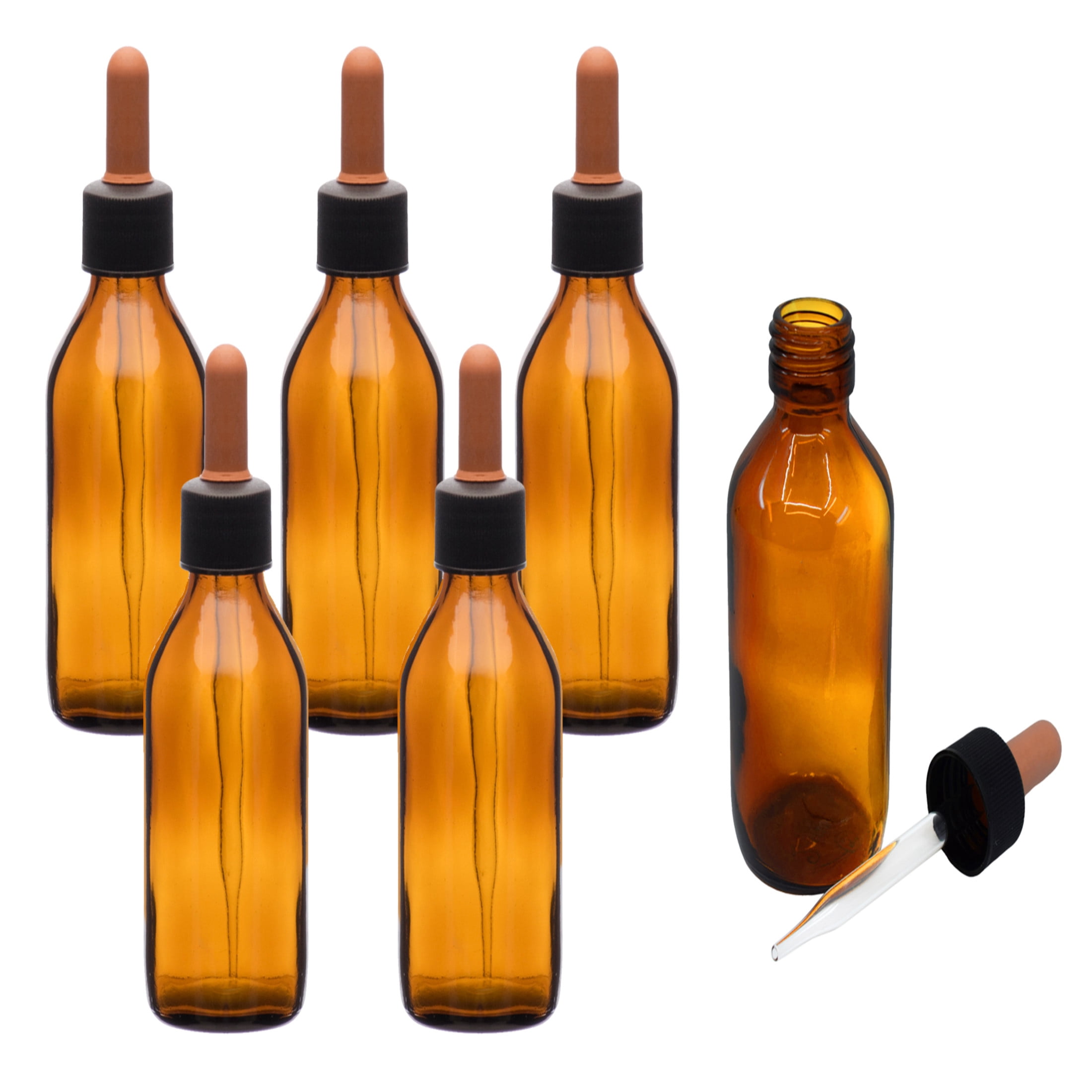 6PK Dropping Bottles, 100ml (3.3oz) - Amber Soda Glass - Screw Cap with Glass Dropper & Rubber Bulb - Eisco Labs