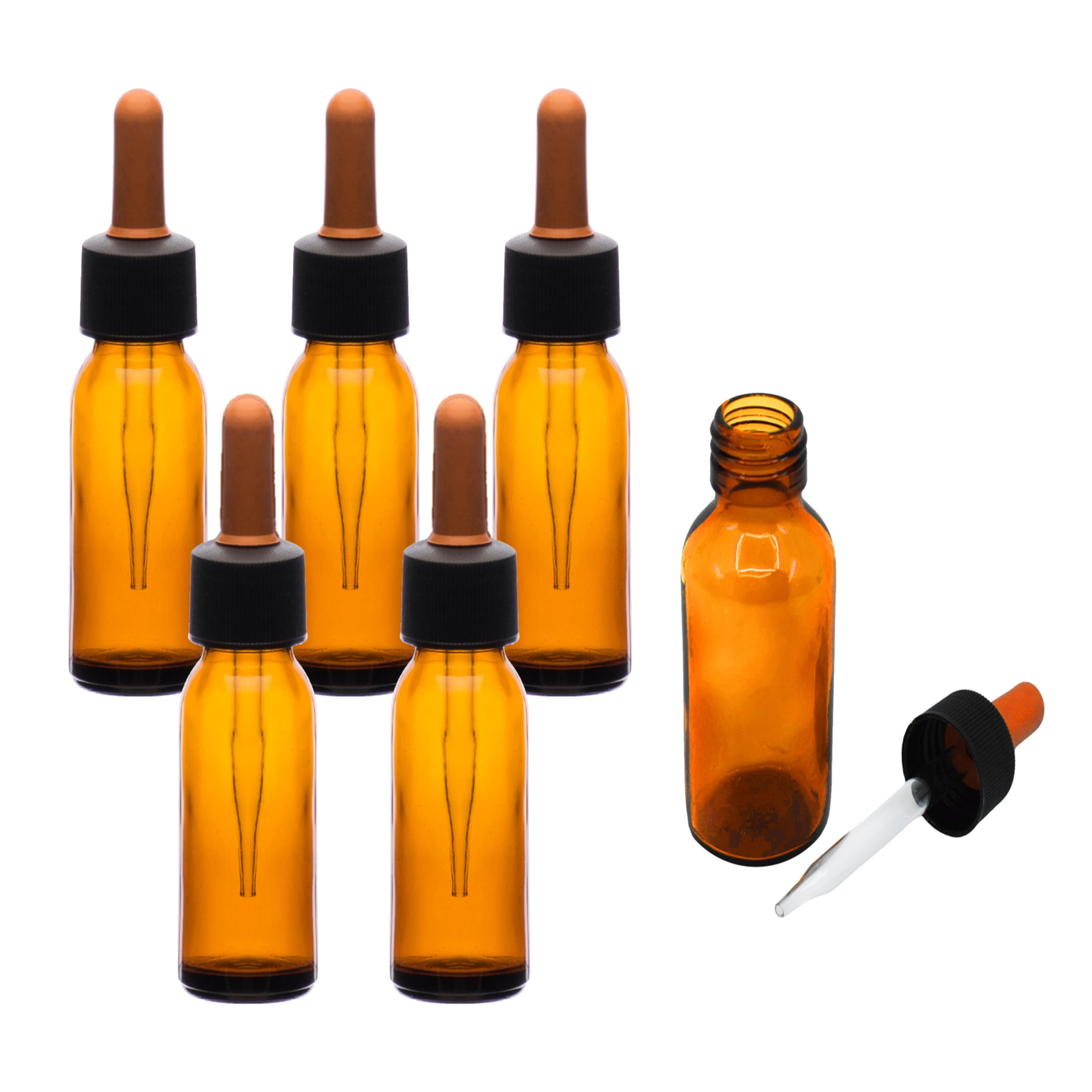 6PK Dropping Bottles, 60ml (2oz) - Amber Soda Glass - Screw Cap with Glass Dropper & Rubber Bulb - Eisco Labs