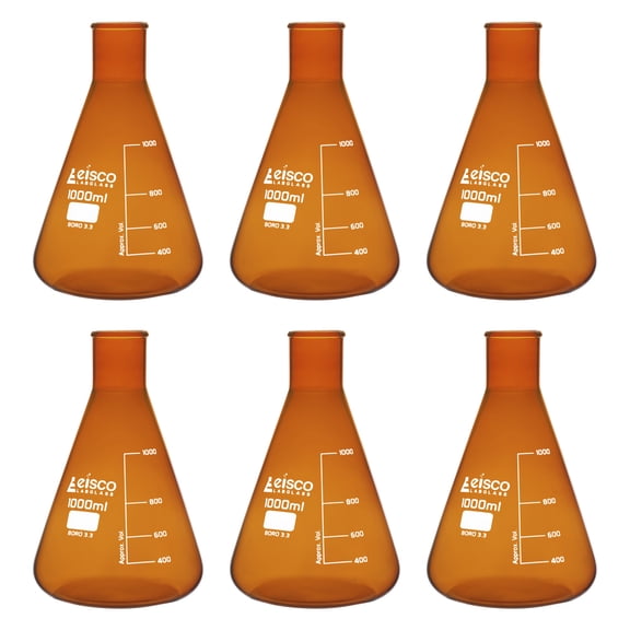 6PK Erlenmeyer Flask, Amber, 1000mL - Borosilicate Glass - Narrow Neck Flasks, Conical Flasks, Glass Flasks - Eisco Labs