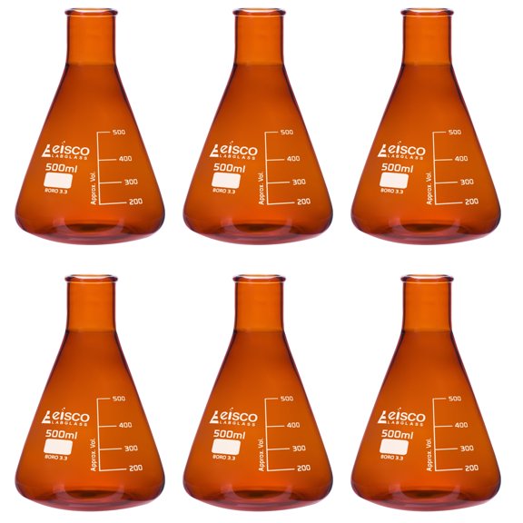 6PK Erlenmeyer Flask, Amber, 500mL - Borosilicate Glass - Narrow Neck Flasks, Conical Flasks, Glass Flasks - Eisco Labs