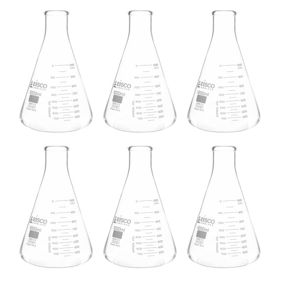 6PK Erlenmeyer Flasks, 1000mL - ASTM, Dual Graduated Scale - Borosilicate Glass - Narrow Neck Flasks, Conical Flasks, Glass Flasks - Eisco Labs