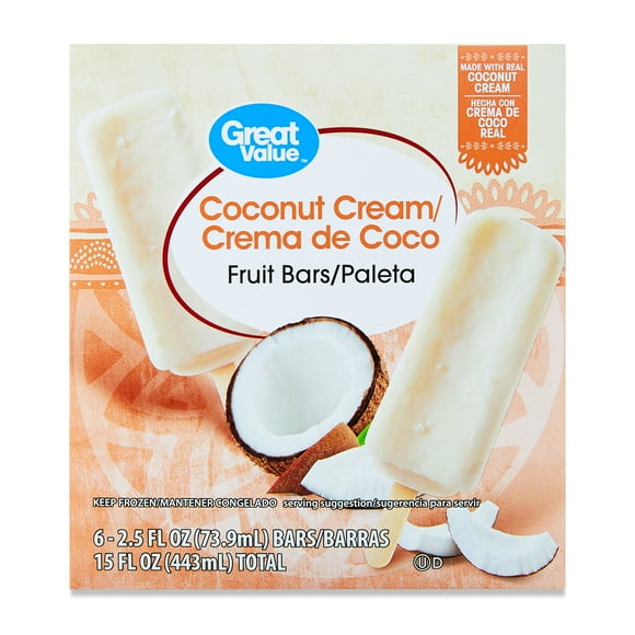 Great Value Coconut Cream Fruit Bars, 15 fl oz, 6 Count (Frozen)
