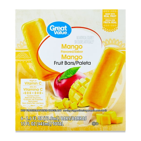 Great Value Mango Fruit Bars, 15 fl oz, 6 Count (Frozen)