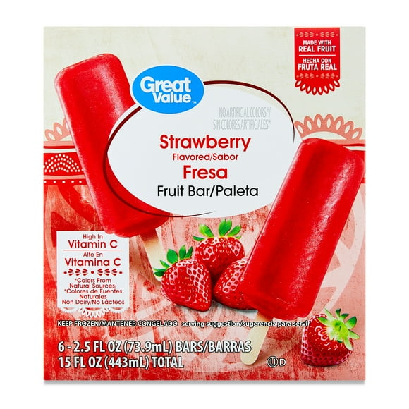 Great Value Strawberry Fruit Bars, 15 fl oz, 6 Count (Frozen)