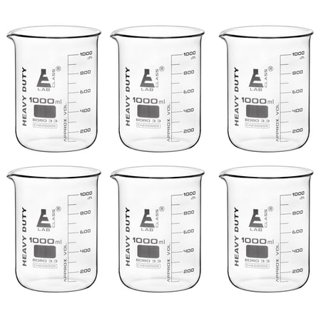 6PK Heavy Duty Beaker, 1000ml - 3.6mm Thick, Uniform Walls - Superior Durability & Chemical Resistance - White Graduations - Borosilicate 3.3 Glass - Eisco LabS