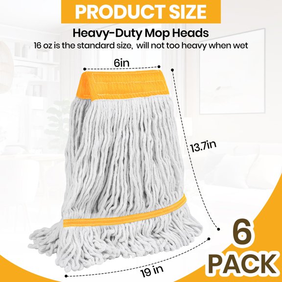 6PK Heavy Duty Commercial Mop Replacement - End Cotton Blend String Refill for Side Loading & Clamp Style Mops, Restaurant, Janitorial & Industrial Cleaning, Yellow