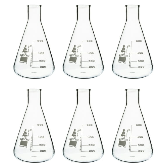 6PK Lab Erlenmeyer Flasks, 500mL - Borosilicate Glass - Narrow Neck Flasks, Conical Flasks, Glass Flasks - Eisco Labs