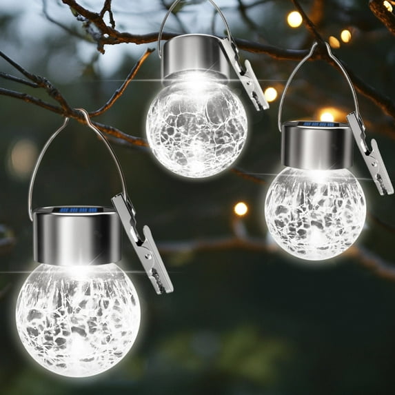 6PK Outdoor Hanging Solar Lights Solar Powered Crackle Glass Ball Lights Waterproof Tree Hanging Outdoor Globe Lights with Hook and Clip for Garden Balcony Patio