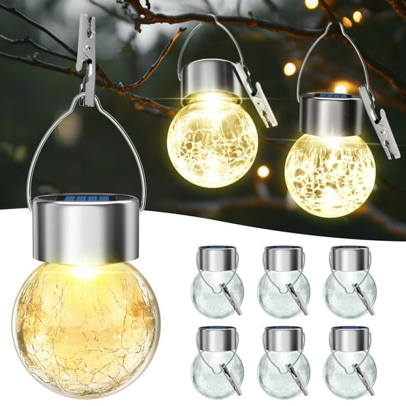 6PK Outdoor Hanging Solar Lights Solar Powered Crackle Glass Ball Lights Waterproof Tree Hanging Outdoor Globe Lights with Hook and Clip for Garden Balcony Patio