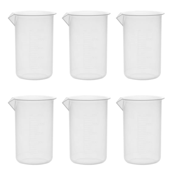 6PK Plastic Beakers, 250ml - Polypropylene Plastic - Raised Graduations, Tapered Spout - Euro Design - Eisco Labs