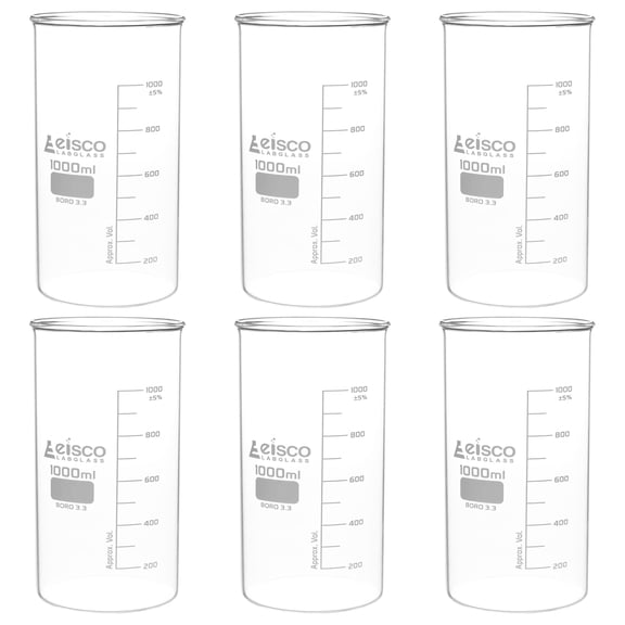 6PK Tall Form Beakers Without Spout, 1000mL - Graduated - Borosilicate Glass - Berzelius Beakers - Eisco Labs