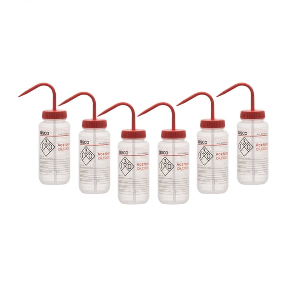 6PK Wash Bottle for Acetone, 500ml - Labeled with Color Coded Chemical & Safety Information (2 Color) - Wide Mouth, Self Venting, Low Density Polyethylene - Eisco Labs