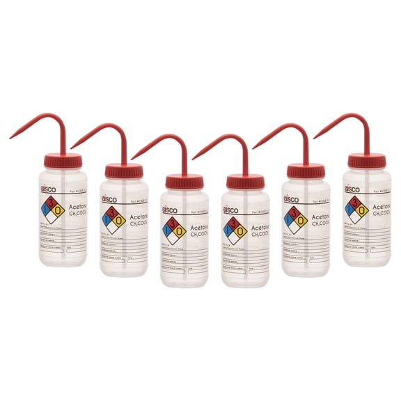 6PK Wash Bottle for Acetone, 500ml - Labeled with Color Coded Chemical & Safety Information (4 Colors) - Wide Mouth, Self Venting, Low Density Polyethylene - Eisco Labs