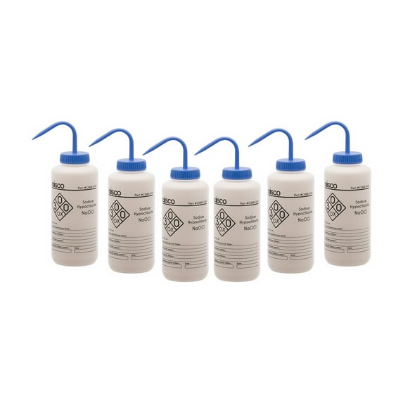 6PK Wash Bottle for Sodium Hypochlorite (Bleach), 1000ml - Labeled with Chemical Information & Safety Information (1 Color) - Wide Mouth, Self Venting, Low Density Polyethylene - Eisco Labs