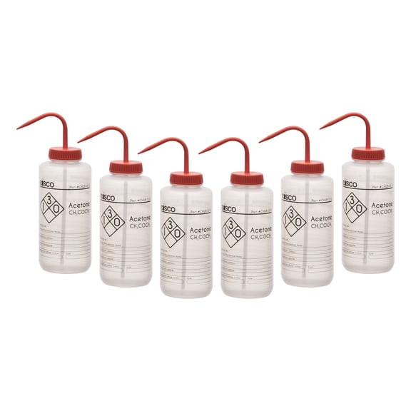 6PK Wash Bottles for Acetone, 1000ml - Labeled with Chemical Information & Safety Information (1 Color) - Wide Mouth, Self Venting, Low Density Polyethylene - Performance Plastics by Eisco Labs