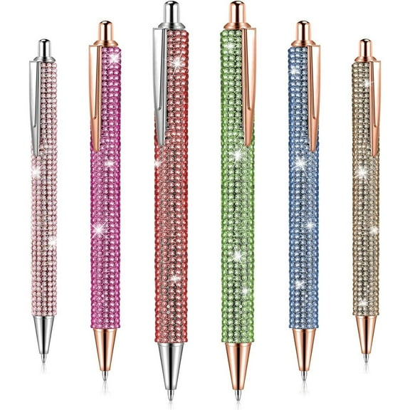 6Pack 0.7mm Black Ink Metal Ballpoint Pen Set Sparkly Crystal Diamond Bling Retractable Pens for Women Office Birthday Wedding Rhinestones Gift (Colorful) supply perfect stationary study