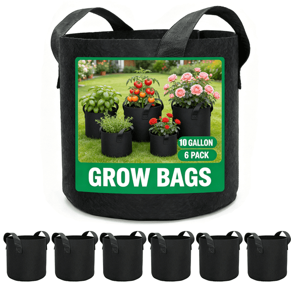 6Pack 10 Gallon Grow Bags Garden Heavy Duty Non-Woven Aeration Plant Fabric Pot Container for Potato, Strawberry, Chili,Carrot, Radish, Peanut (Black)