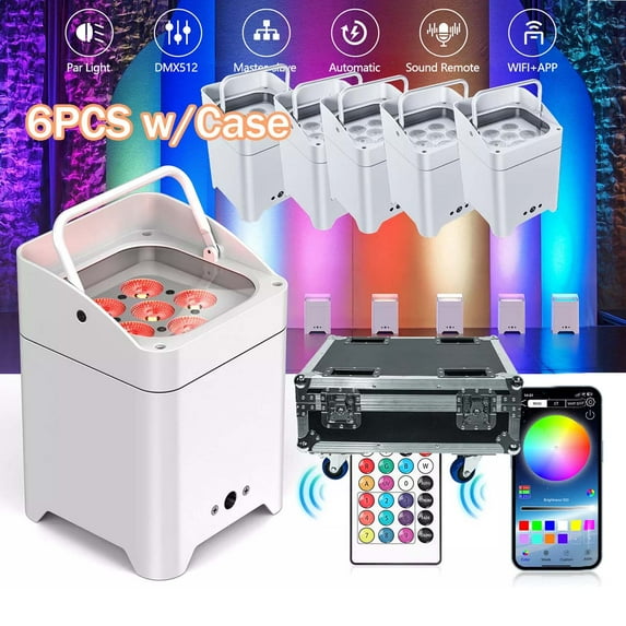 6Pack 108W Battery LED Par Spotlight RGBWA+UV WiFi/DMX/APP Stage Light w/ 1 Rechargeable Flight Case