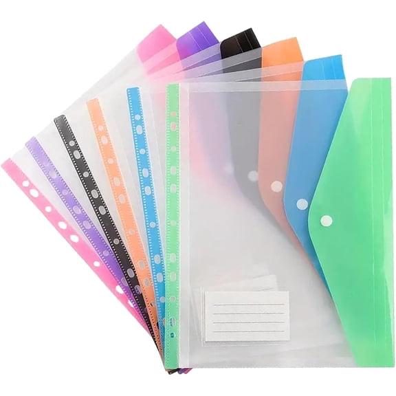 6Pack 11-Hole Expanding File Pockets, Clear Plastic Envelope Binder Dividers with Labels, Side-Loading Document Folders for Office Home (k)