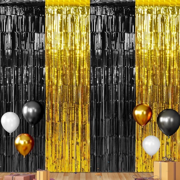 6Pack 3.3Ft x 6.6Ft Graduation Foil Fringe Curtain Backdrop Decorations, Black Gold Metallic Tinsel Streamers Photo Booth Background for Prom Wedding Birthday Party Decorations